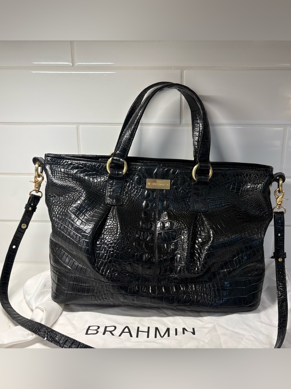 BRAHMIN Hunter Croc Embossed Leather Satchel tote bag purse Crossbody Zip Black